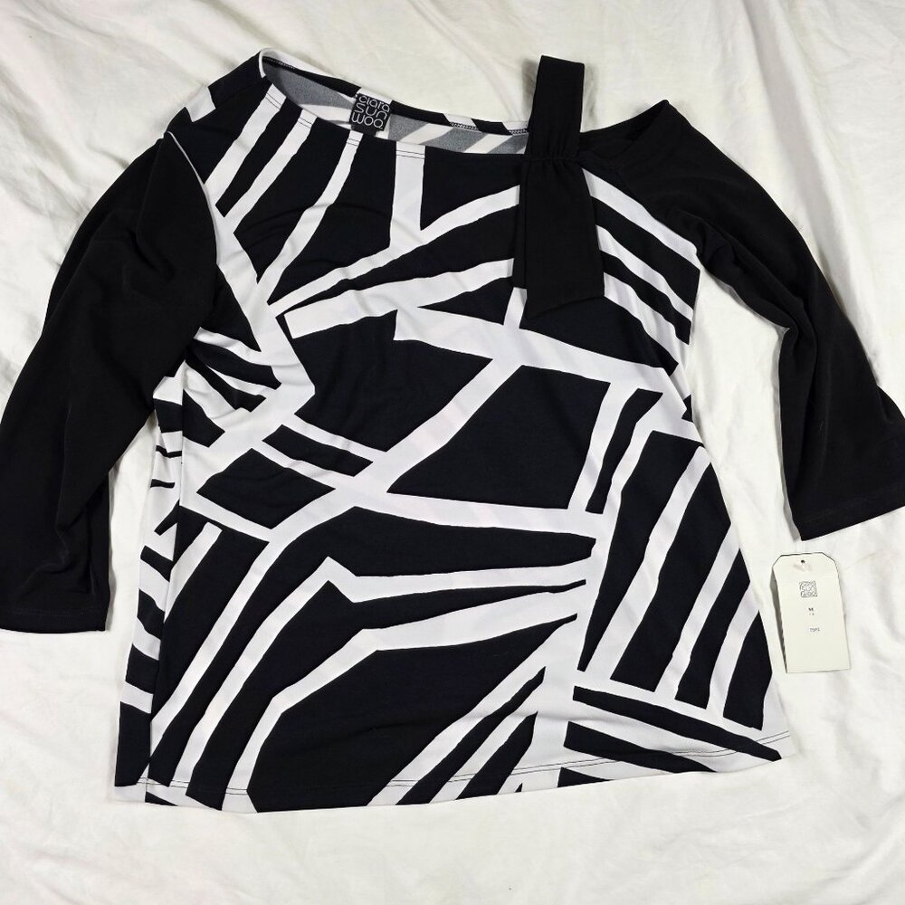 Clara Sunwoo Drop Shoulder Womens Top M Black White Printed 3/4 Sleeve Tunic
